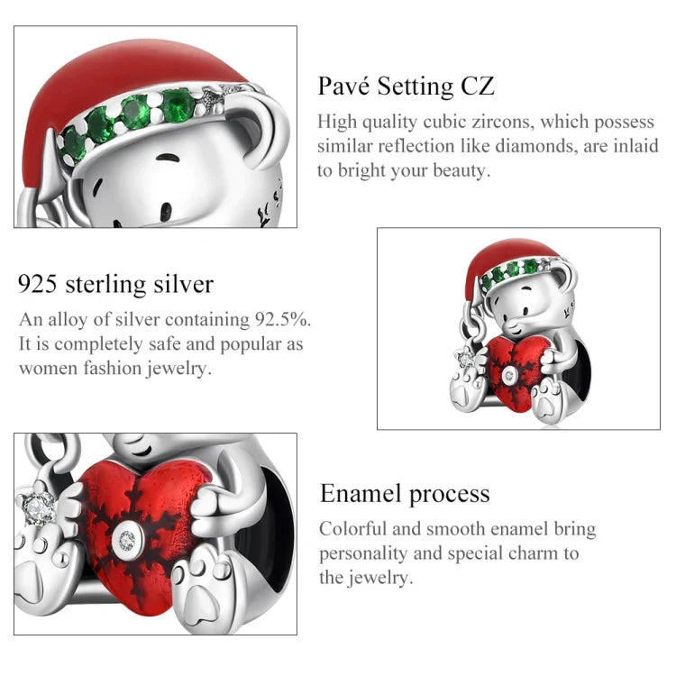 Contas de Urso de Natal em Prata Esterlina S925 para Pulseira e Colar DIY, SCC2035