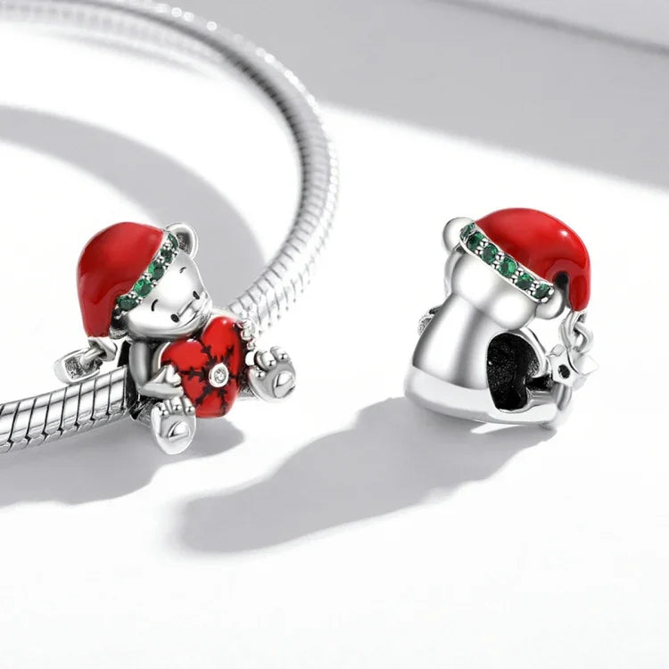 Contas de Urso de Natal em Prata Esterlina S925 para Pulseira e Colar DIY, SCC2035