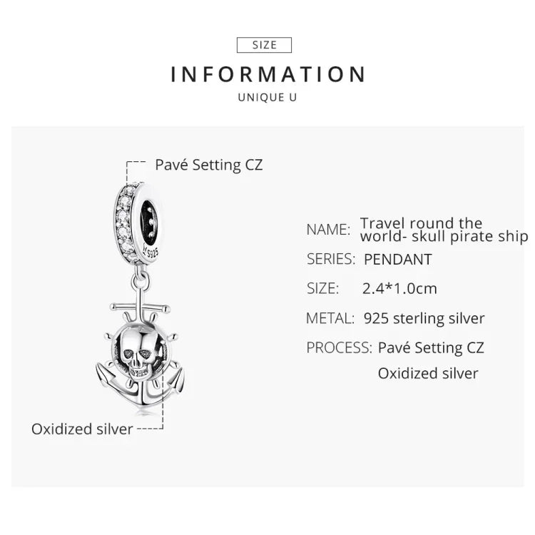 Pendente de Navio com Caveira de Pirata em Prata Esterlina S925 para Pulseira e Colar DIY, Navio com Caveira de Pirata