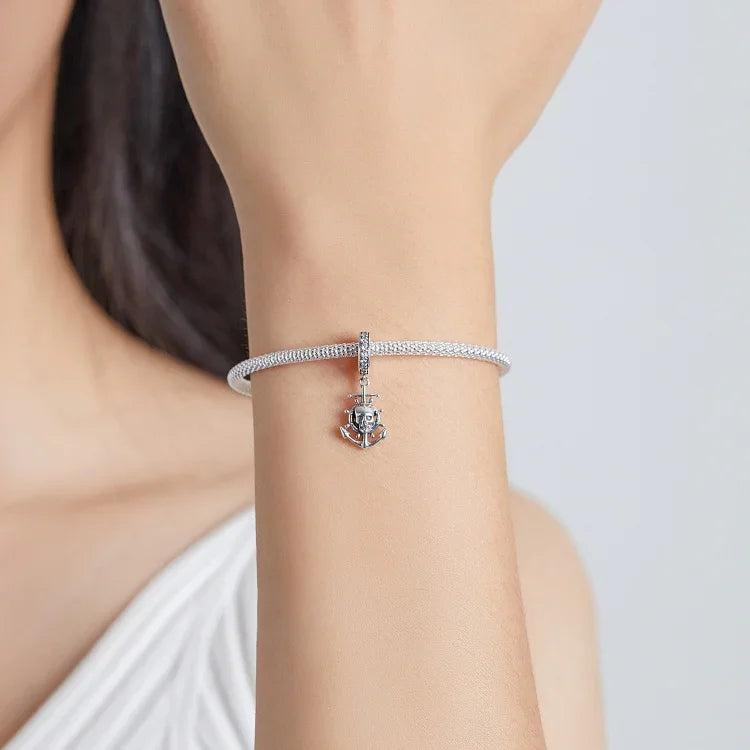 Pendente de Navio com Caveira de Pirata em Prata Esterlina S925 para Pulseira e Colar DIY, Navio com Caveira de Pirata