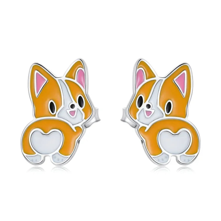 Brincos Femininos de Corgi Fofo em Prata Esterlina S925, Corgi Fofo