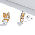 Brincos Femininos de Corgi Fofo em Prata Esterlina S925, Corgi Fofo