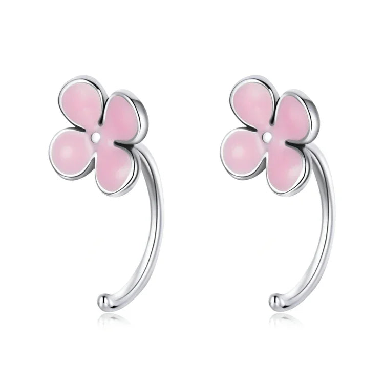 Brincos Femininos de Flores Cor-de-Rosa em Prata Esterlina S925, Flores Cor-de-Rosa