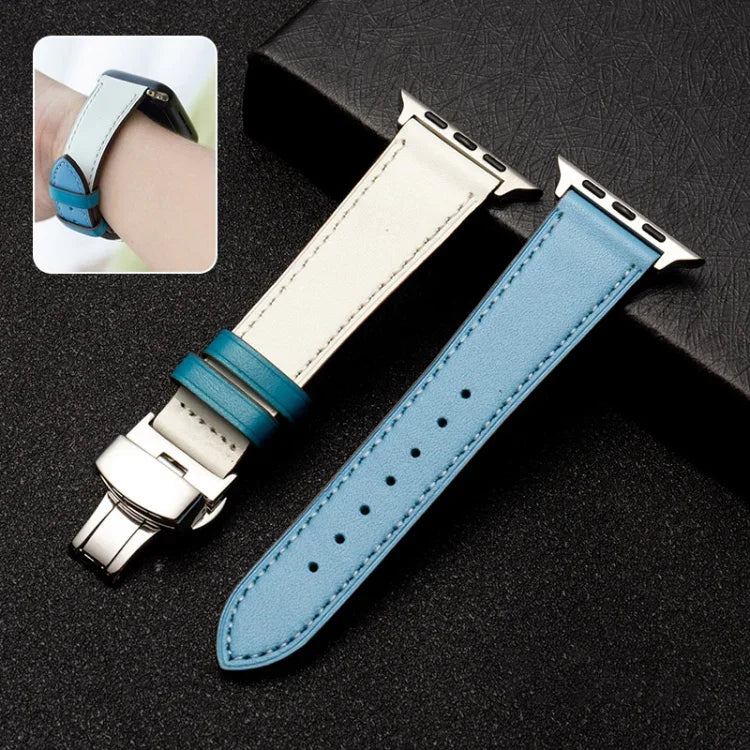 Pulseira de couro de vaca camada superior com fecho borboleta, para Apple Watch Series 8&7 41mm / SE 2&6&SE&5&4 40mm / 3&2&1 38mm, para Apple Watch Series 6&SE&5&4 44mm / 3&2&1 42mm, para Apple Watch Series 6&SE&5&4 40mm / 3&2&1 38mm