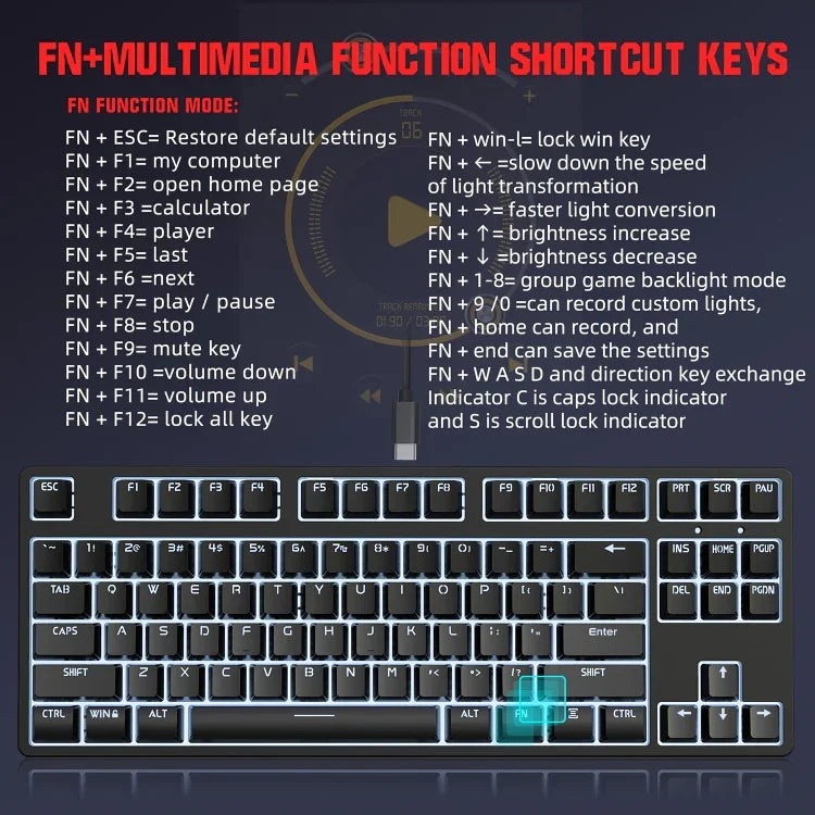 HXSJ L600 87 Teclas Teclado Mecânico com Fios USB-C / Tipo-C Vermelho com Iluminação Fria