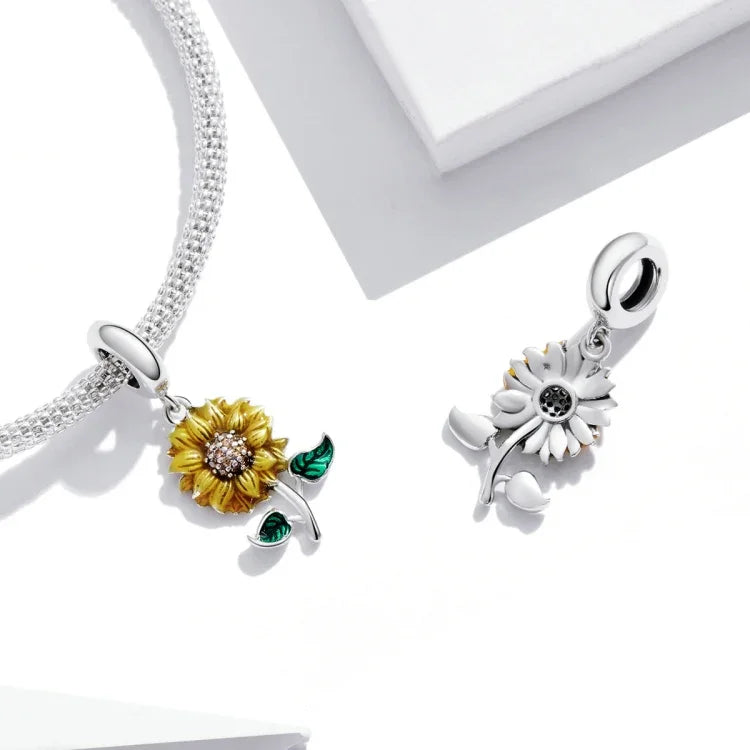 Pendente de Girassol em Prata Esterlina S925 para DIY Pulseira Colar Acessórios, Girassol