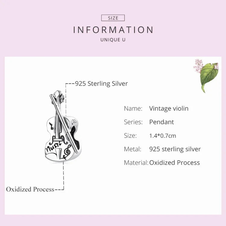 S925 Contas de Violino Retro em Prata Esterlina para DIY Pulseira Colar Acessórios, Violino Retro
