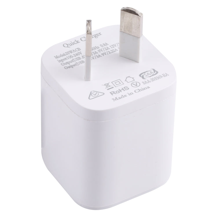 20WACB Carregador Rápido 20W QC3.0 + PD, Ficha AU, Ficha UE, Ficha EUA