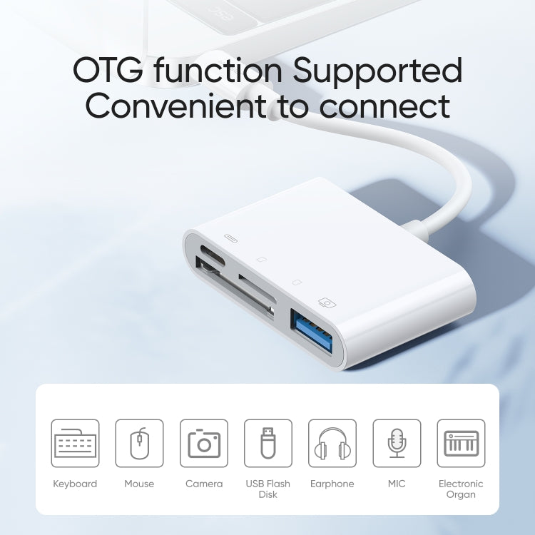 Leitor de Cartão Adaptador JOYROOM S-H142 4 em 1 8 Pinos para Cartão SD / TF + Carga 8 Pinos + Interface USB OTG