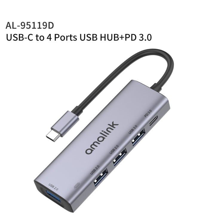 Estação de ancoragem HUB multifunções amalink 95119D Type-C / USB-C para 4 portas USB + PD 3.0, 95119D