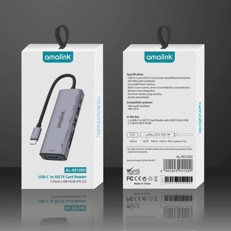 Estação de ancoragem HUB multifunções amalink 95120D Type-C / USB-C para SD/TF + 3 portas USB + PD 3.0, 95120D