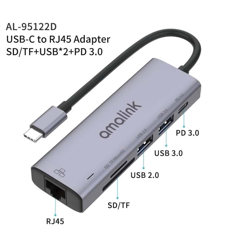 HUB multifunções amalink 95122D Type-C / USB-C para RJ45 + 2 portas USB + PD 3.0, 95122D