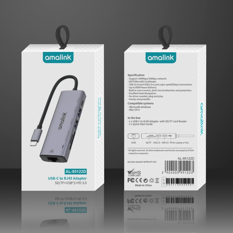 HUB multifunções amalink 95122D Type-C / USB-C para RJ45 + 2 portas USB + PD 3.0, 95122D