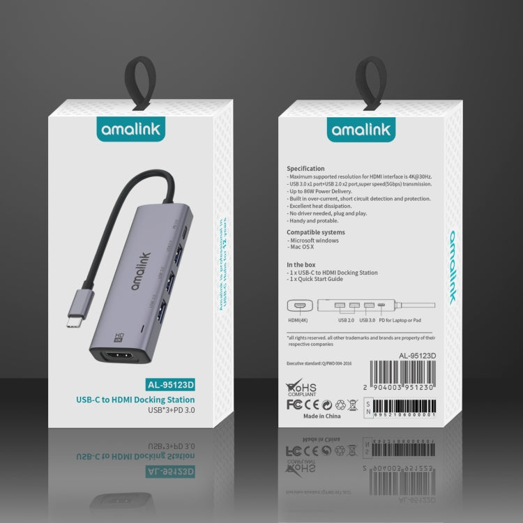 HUB multifunções amalink 95123D Type-C / USB-C para HDMI + 3 portas USB + PD 3.0, 95123D
