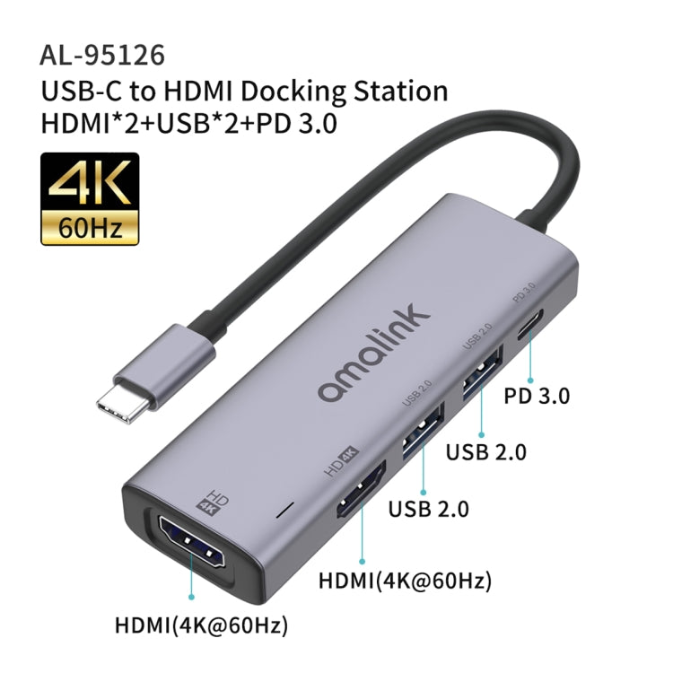 HUB multifunções amalink 95126 Type-C / USB-C para HDMI duplo + 2 portas USB + PD 3.0, 95126