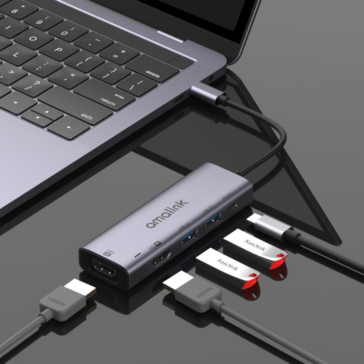 HUB multifunções amalink 95126 Type-C / USB-C para HDMI duplo + 2 portas USB + PD 3.0, 95126