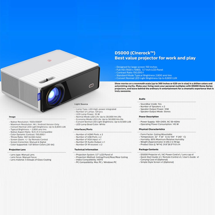 Projetor Digital LCD + LED HD D5000 1920x1080P 420ANSI 6000 Lumens, Versão Básica, Espelhamento de Ecrã, Android 9.0