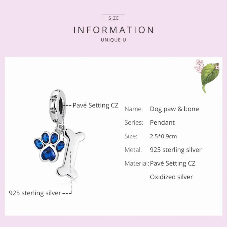 Pendente de Osso com Pata de Cão em Prata Esterlina S925 para Pulseira e Colar DIY, Osso com Pata de Cão