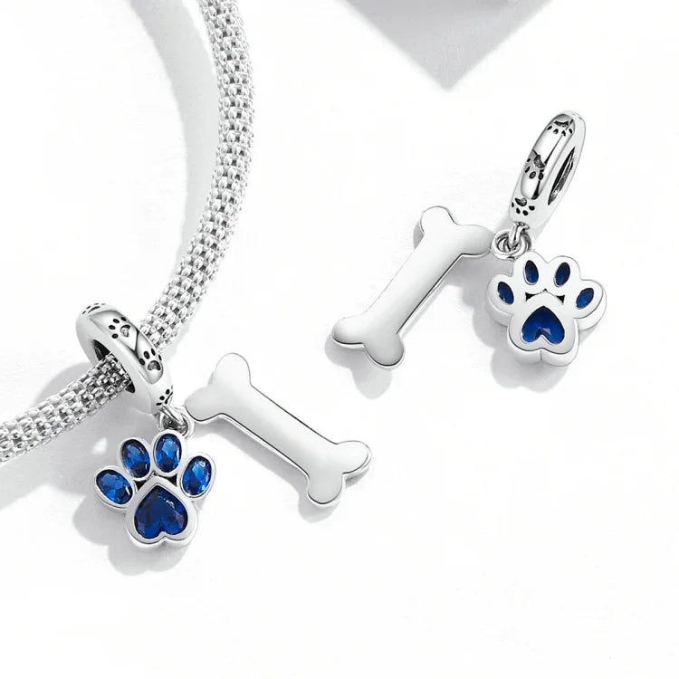 Pendente de Osso com Pata de Cão em Prata Esterlina S925 para Pulseira e Colar DIY, Osso com Pata de Cão