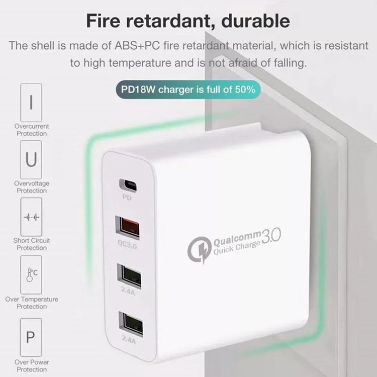 Carregador de Viagem A3 PD 18W USB-C / Type-C + QC3.0 USB + Interface USB Dupla, Ficha EUA, Ficha UE, Ficha UK
