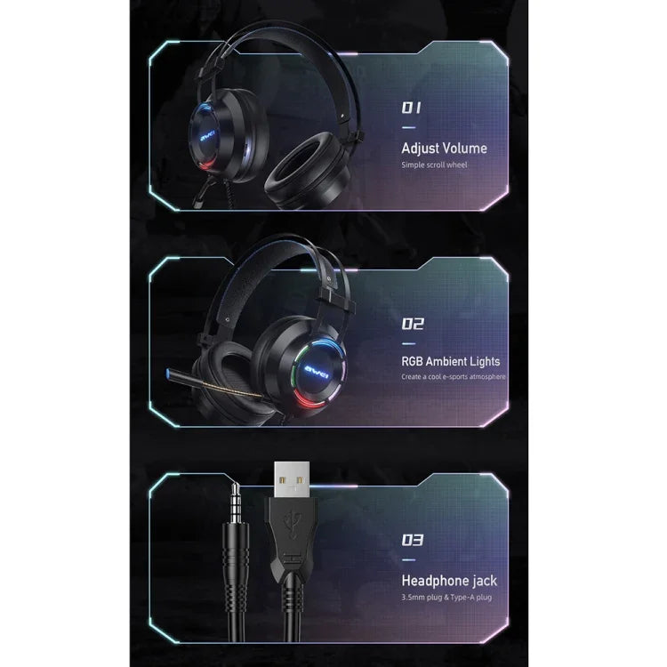 awei GM-2 Auscultadores Gaming com Fio, Luz Ambiente, USB + 3,5mm e Microfone, GM-2