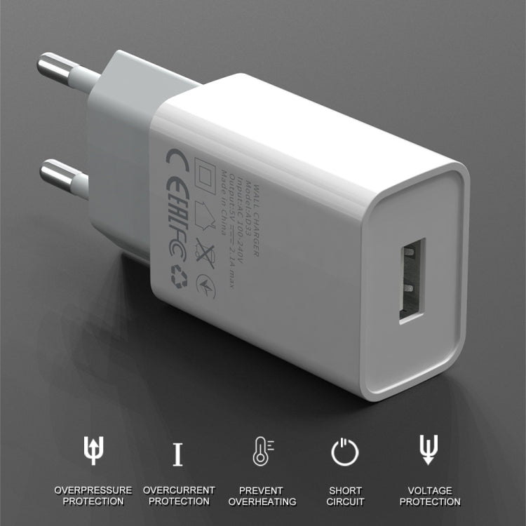 IVON AD-33 Carregador de Viagem 2 em 1 Porta USB Única 2.1A + Conjunto de Cabo de Dados USB para 8 Pinos 1m, Ficha UE, Ficha EUA