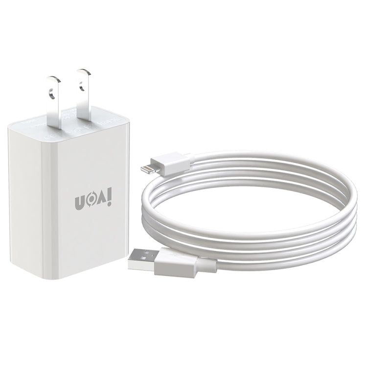 IVON AD-33 Carregador de Viagem 2 em 1 Porta USB Única 2.1A + Conjunto de Cabo de Dados USB para 8 Pinos 1m, Ficha UE, Ficha EUA