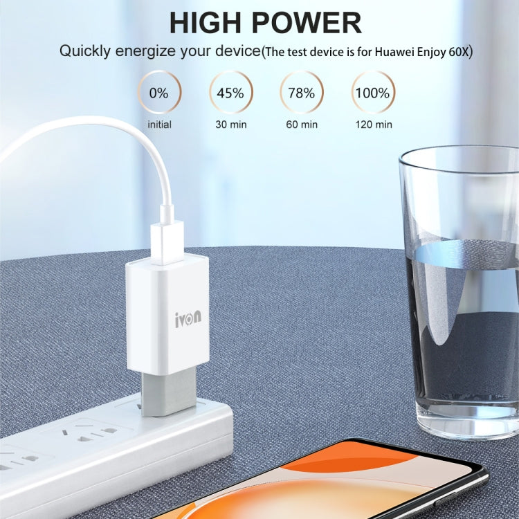 Carregador de Viagem IVON AD-33 2 em 1 2.1A Porta USB Única + Cabo de Dados USB para USB-C / Tipo-C 1m, Ficha UE, EUA