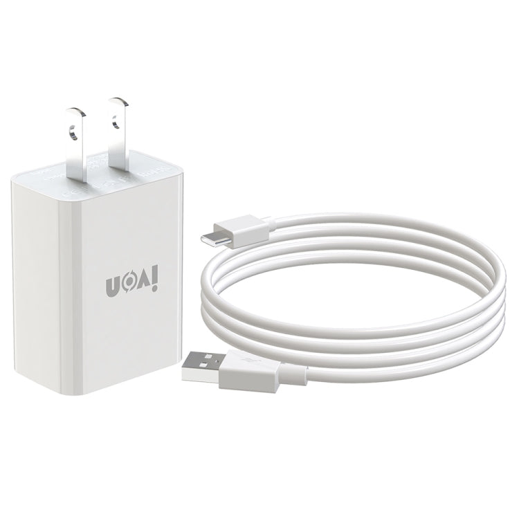 Carregador de Viagem IVON AD-33 2 em 1 2.1A Porta USB Única + Cabo de Dados USB para USB-C / Tipo-C 1m, Ficha UE, EUA