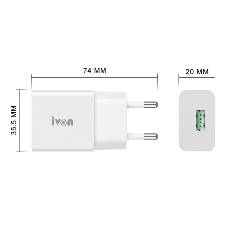 IVON AD-35 Carregador de Viagem 2 em 1 18W QC3.0 Porta USB + Conjunto de Cabo de Dados USB para 8 Pinos 1m, Ficha UE, Ficha EUA