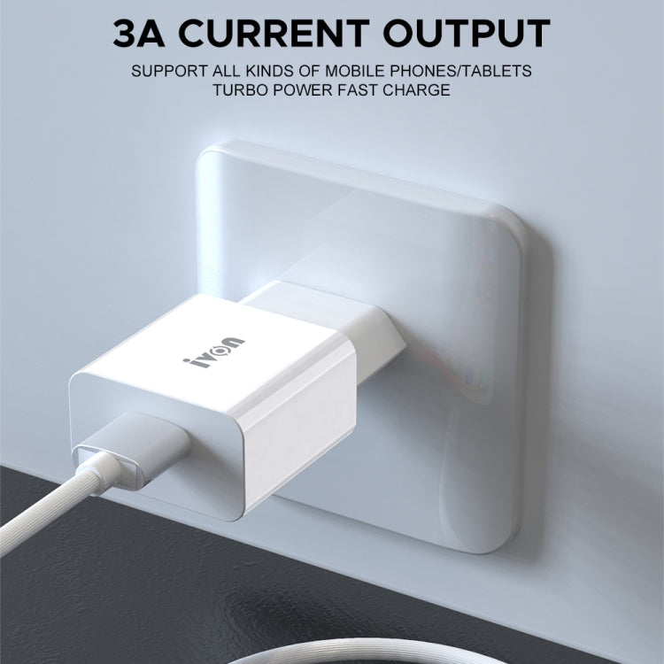 IVON AD-35 Carregador de Viagem 2 em 1 18W QC3.0 Porta USB + Conjunto de Cabo de Dados USB para 8 Pinos 1m, Ficha UE, Ficha EUA