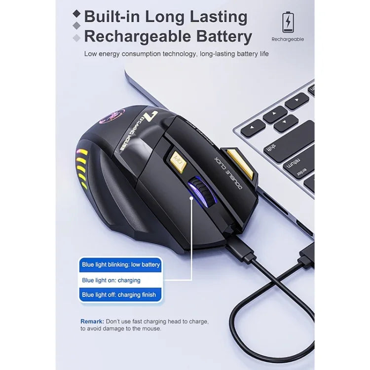 iMICE GW-X7 2.4G + Bluetooth Rato de Jogo Sem Fios Recarregável Silencioso de 7 Botões com Luzes RGB Coloridas, GW-X7 2.4G + Bluetooth