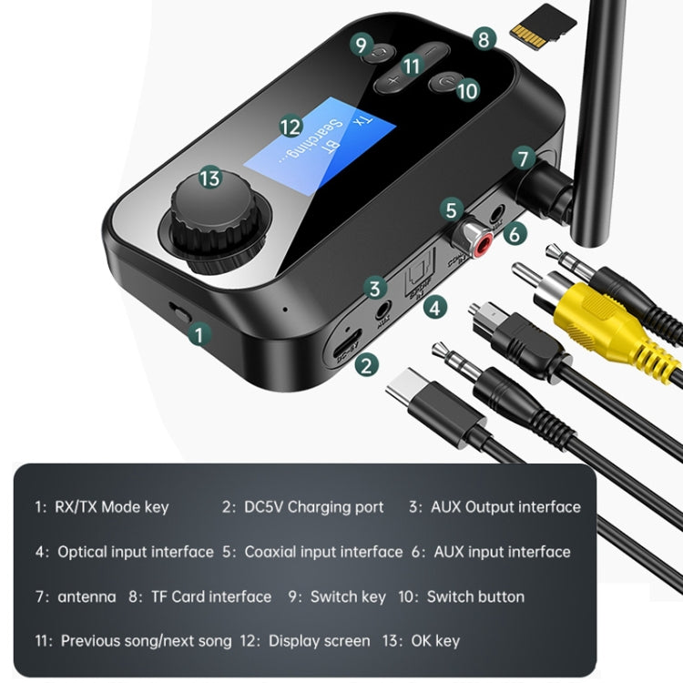 Adaptador de Áudio Bluetooth 5.0 Fibra Óptica 3 em 1 C41 com Ecrã LCD, C41