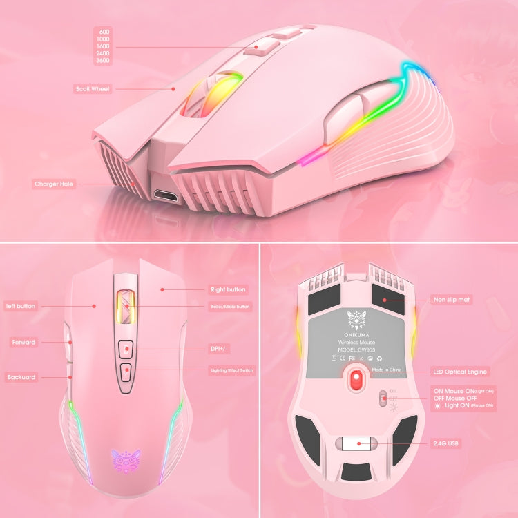 ONIKUMA CW905 2.4G Rato Sem Fios com Iluminação RGB, Rato Sem Fios CW905 (Preto), Rato Sem Fios CW905 (Rosa), Rato Sem Fios CW905 (Cinza Branco)
