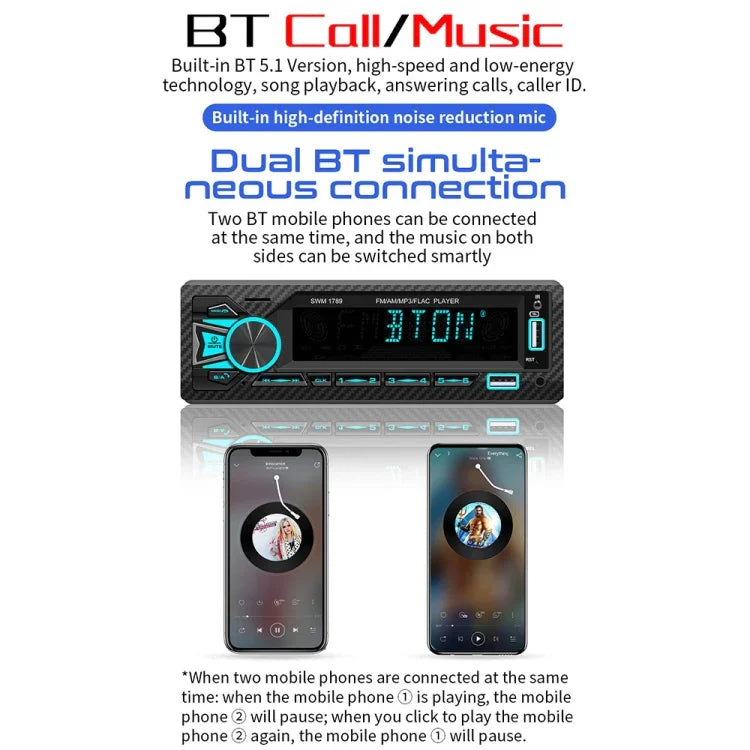 Receptor de Rádio para Carro SWM-1789 Bluetooth 5.1 Leitor MP3 com Comando à Distância, SWM-1789
