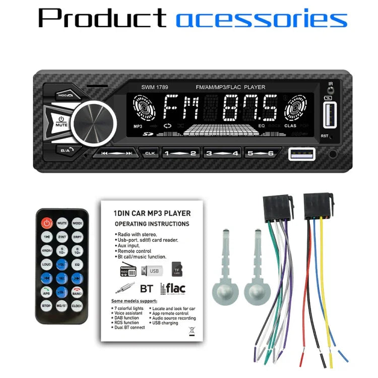 Receptor de Rádio para Carro SWM-1789 Bluetooth 5.1 Leitor MP3 com Comando à Distância, SWM-1789