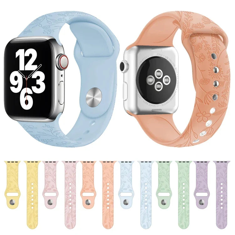 Bracelete de Relógio em Silicone com Relevo de Borboletas e Flores Para Apple Watch Series, 7 41mm / 6&SE&5&4 40mm / 3&2&1 38mm