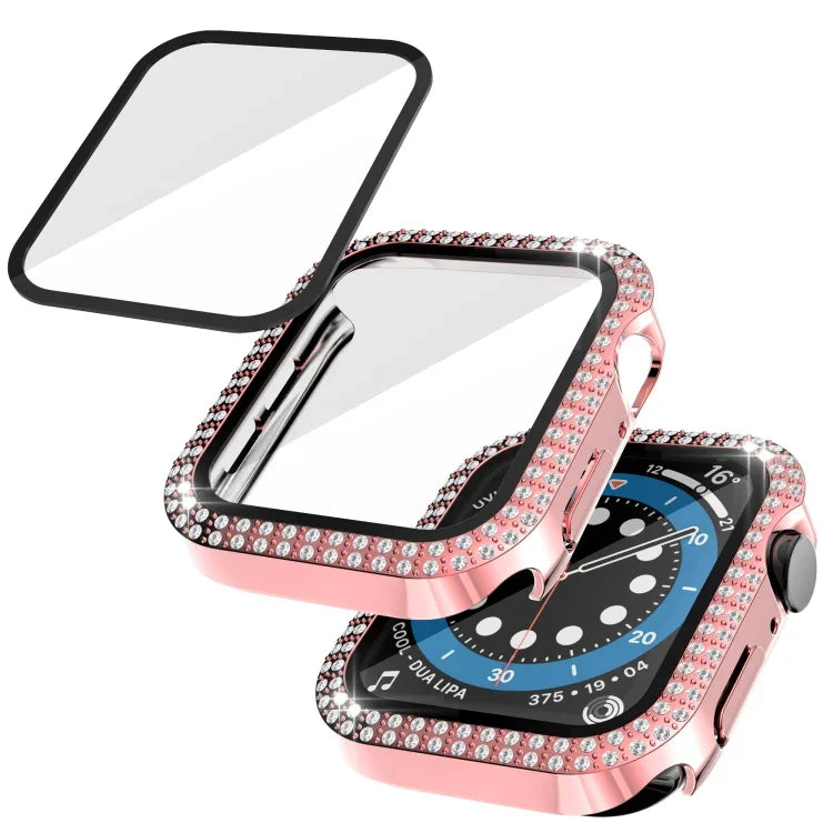 Capa de relógio de dupla fila em PC com diamante + vidro temperado para Apple Watch Series 6&SE&5&4 40mm, 6&SE&5&4 44mm, 6&SE&5&4 40mm / 3&2&1 38mm