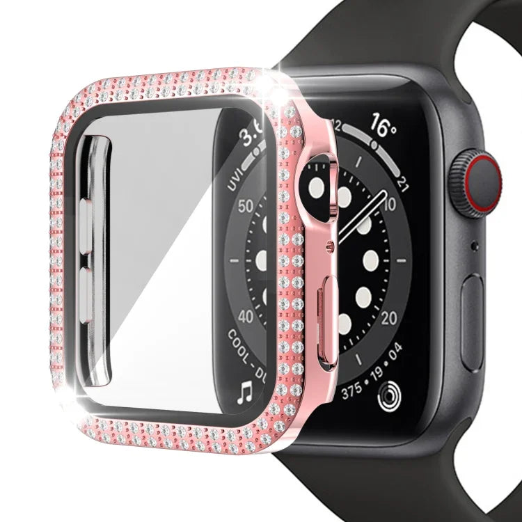 Capa de relógio de dupla fila em PC com diamante + vidro temperado para Apple Watch Series 6&SE&5&4 40mm, 6&SE&5&4 44mm, 6&SE&5&4 40mm / 3&2&1 38mm