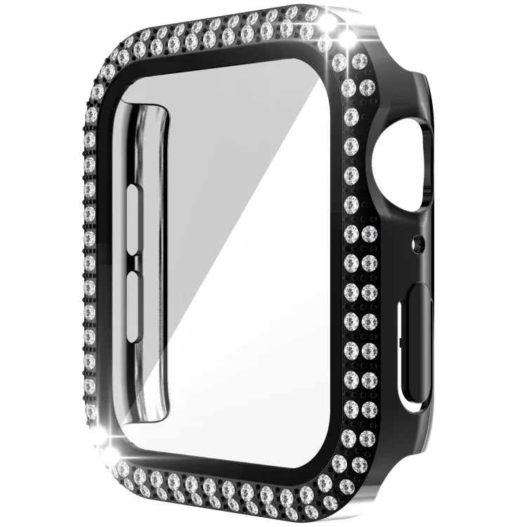 Capa de relógio de dupla fila em PC com diamante + vidro temperado para Apple Watch Series 6&SE&5&4 40mm, 6&SE&5&4 44mm, 6&SE&5&4 40mm / 3&2&1 38mm