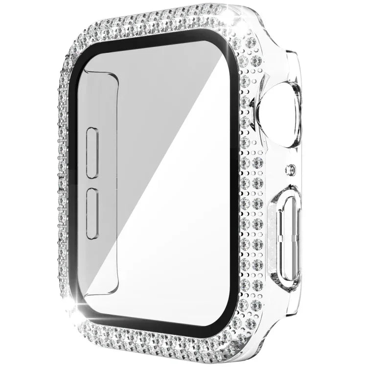 Capa de relógio de dupla fila em PC com diamante + vidro temperado para Apple Watch Series 6&SE&5&4 40mm, 6&SE&5&4 44mm, 6&SE&5&4 40mm / 3&2&1 38mm