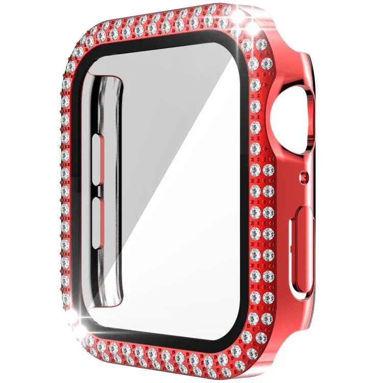 Capa de relógio de dupla fila em PC com diamante + vidro temperado para Apple Watch Series 6&SE&5&4 40mm, 6&SE&5&4 44mm, 6&SE&5&4 40mm / 3&2&1 38mm