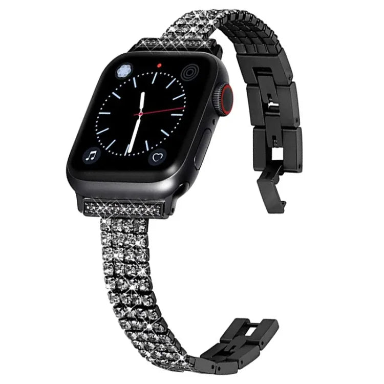 Pulseira de Relógio em Metal com Quatro Fileiras de Diamantes para Apple Watch Series, 7 41mm / 6&SE&5&4 40mm / 3&2&1 38mm, 7 45mm / 6&SE&5&4 44mm / 3&2&1 42mm