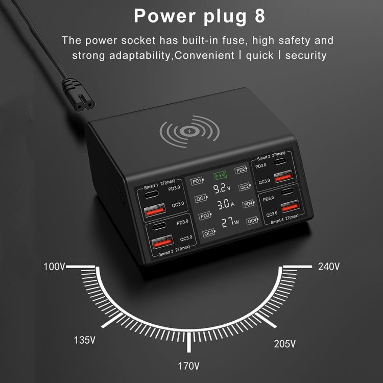 Carregador Sem Fios Inteligente com Ecrã Digital 838w 9 em 1 100W 4 PD 3.0 USB-C / Tipo-C + 4 Portas USB QC 3.0, Plugue EU, Plugue US, Plugue UK, Plugue AU