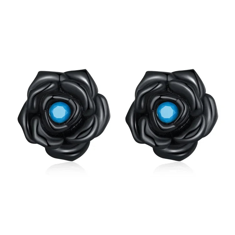 Brincos de Prata Esterlina S925 com Botão de Rosa Negra para Mulheres, Rosa Negra