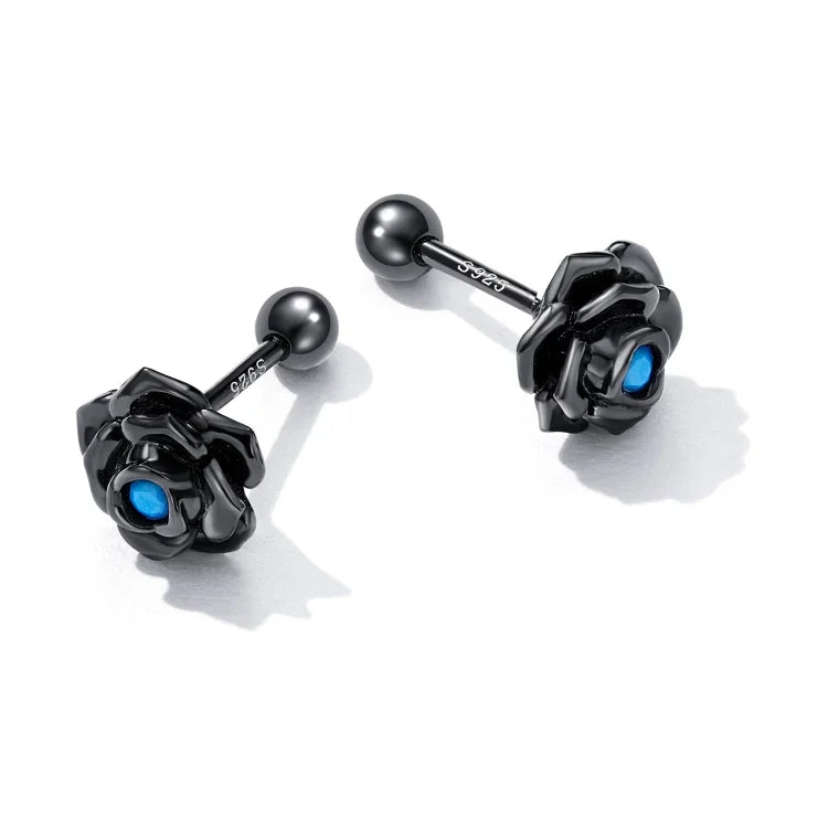 Brincos de Prata Esterlina S925 com Botão de Rosa Negra para Mulheres, Rosa Negra