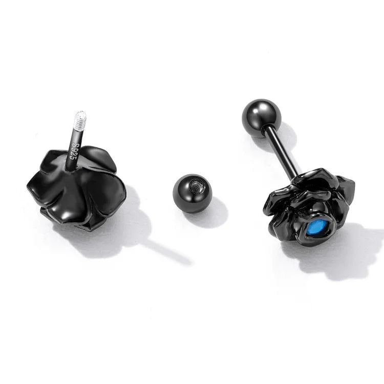 Brincos de Prata Esterlina S925 com Botão de Rosa Negra para Mulheres, Rosa Negra