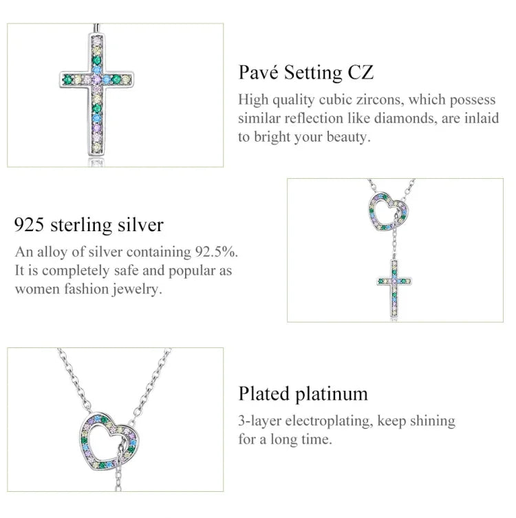 Colar de Prata Esterlina S925 com Coração e Cruz para Mulheres, Coração e Cruz