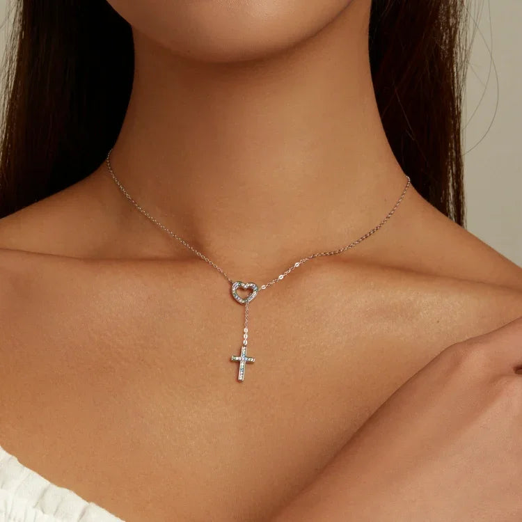 Colar de Prata Esterlina S925 com Coração e Cruz para Mulheres, Coração e Cruz