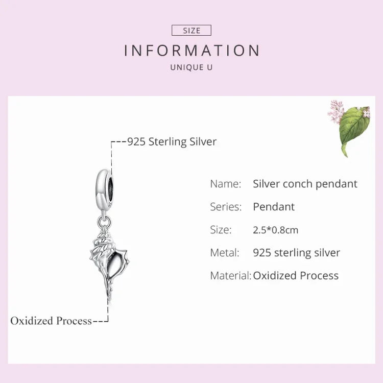 Pendente de Concha em Prata Esterlina S925 para DIY Pulseira Colar Acessórios, Concha